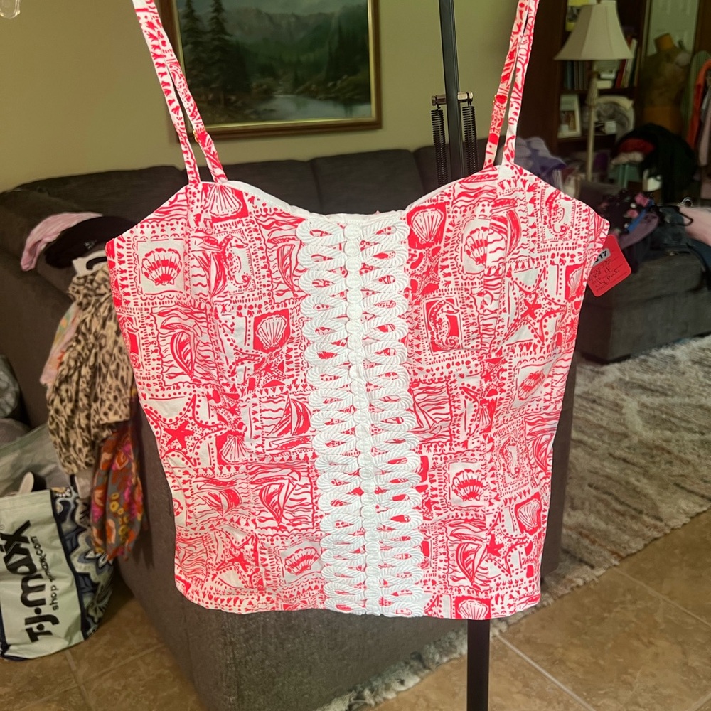 Lilly Pulitzer Pink and White Printed Crochet-Trim Tank Top